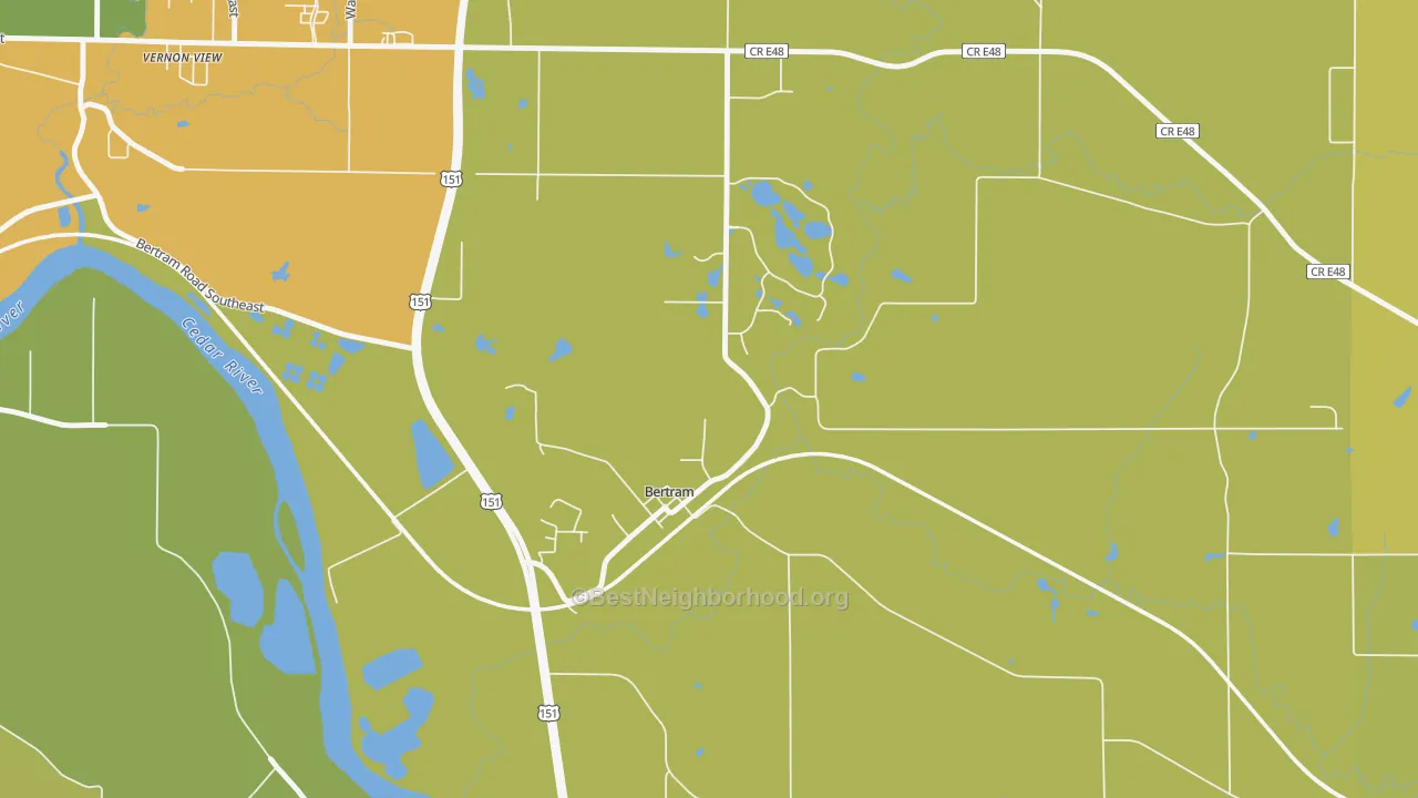 Map of the best neighborhoods in the Bertram area, with better matches in green and worse matches in red