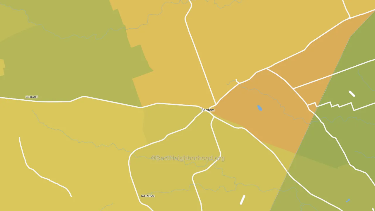 Map of the best neighborhoods in the Bertram area, with better matches in green and worse matches in red