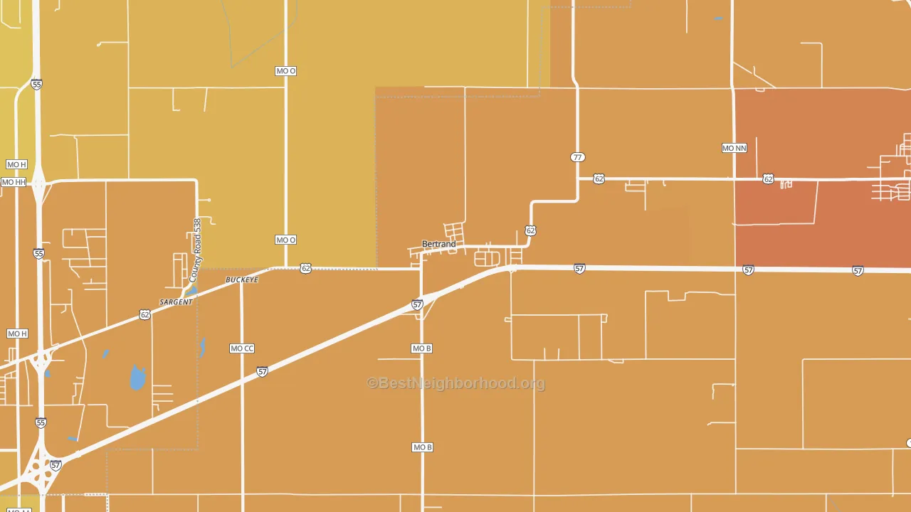Map of the best neighborhoods in the Bertrand area, with better matches in green and worse matches in red