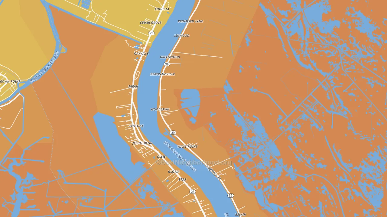 Map of the best neighborhoods in the Bertrandville area, with better matches in green and worse matches in red
