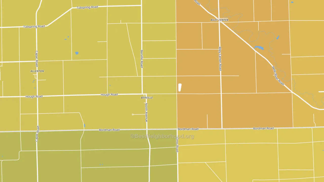 Map of the best neighborhoods in the Berville area, with better matches in green and worse matches in red