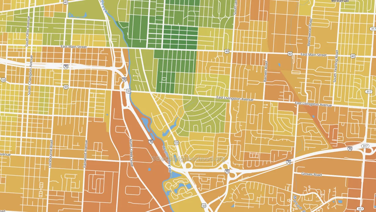 Map of the best neighborhoods in the Berwick, Columbus area, with better matches in green and worse matches in red
