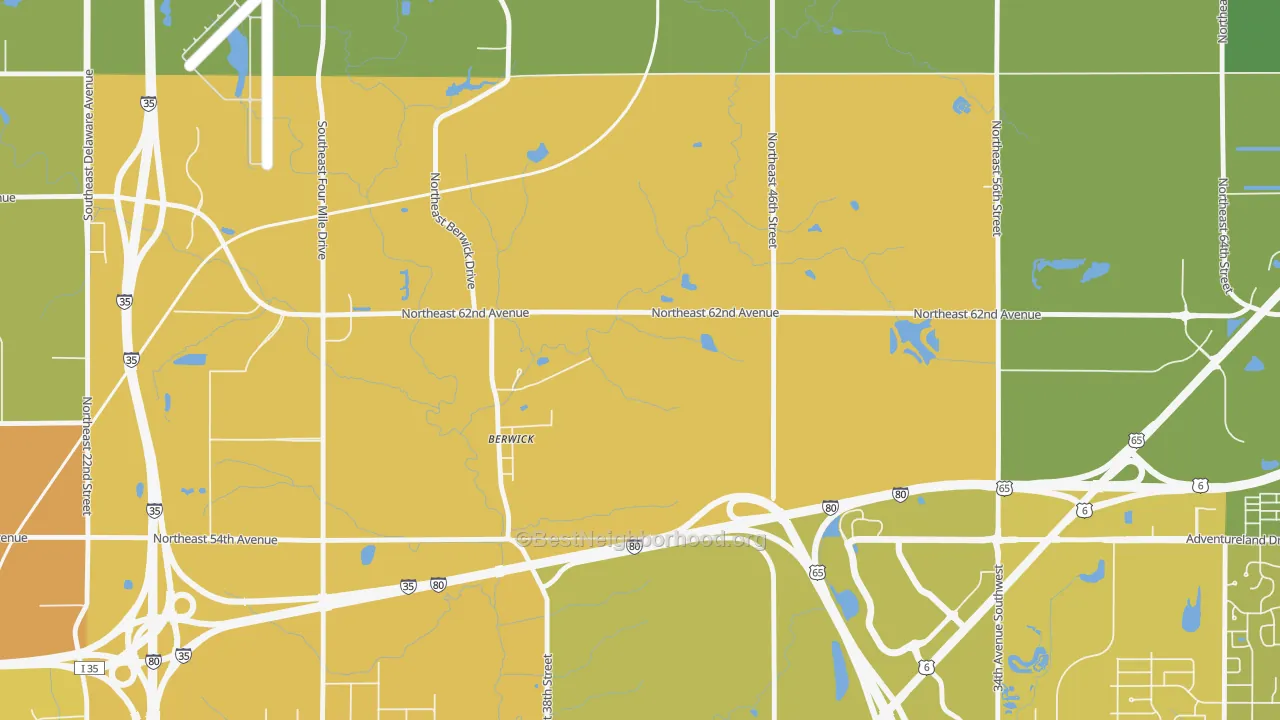 Map of the best neighborhoods in the Berwick area, with better matches in green and worse matches in red