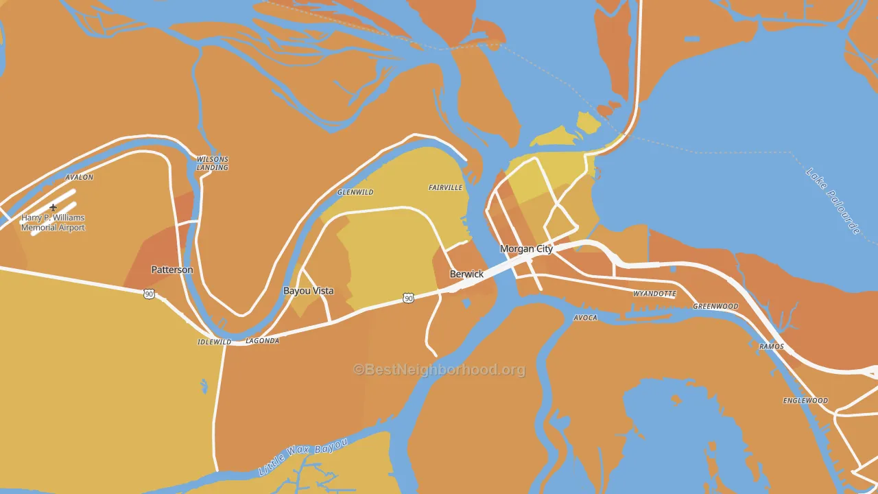 Map of the best neighborhoods in the Berwick area, with better matches in green and worse matches in red