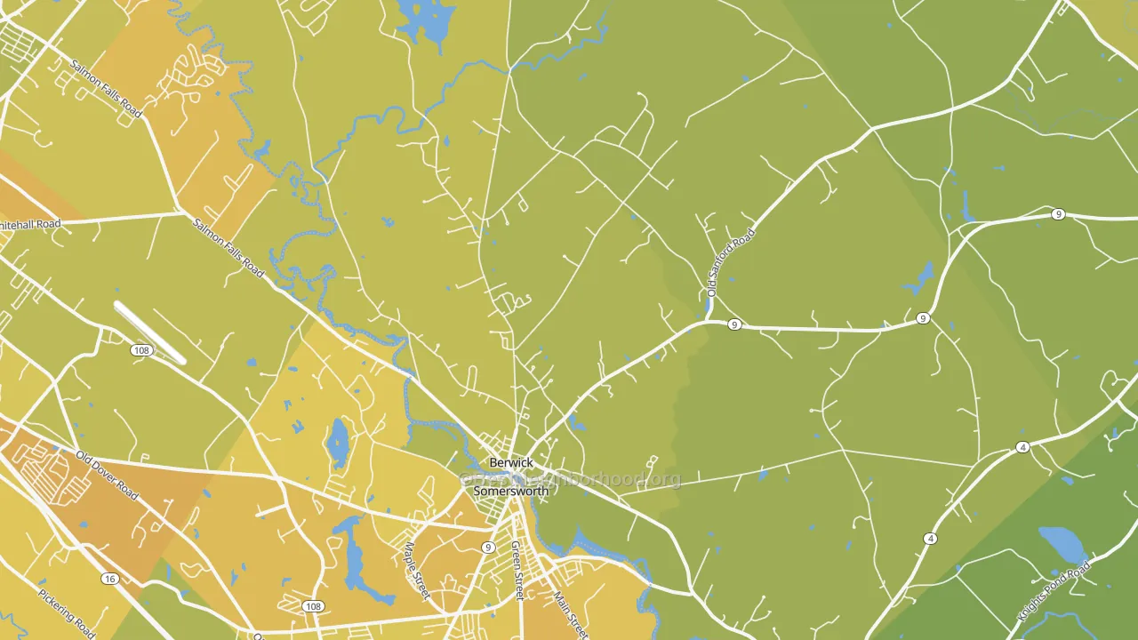 Map of the best neighborhoods in the Berwick area, with better matches in green and worse matches in red