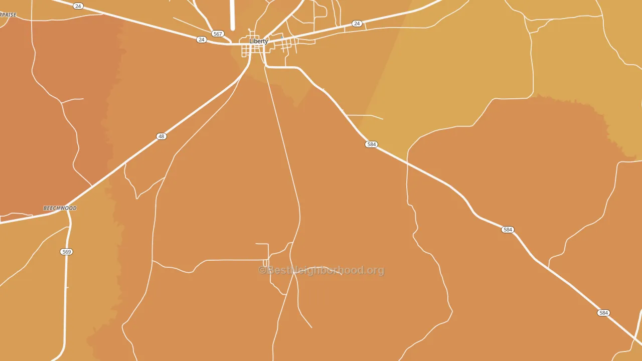 Map of the best neighborhoods in the Berwick area, with better matches in green and worse matches in red