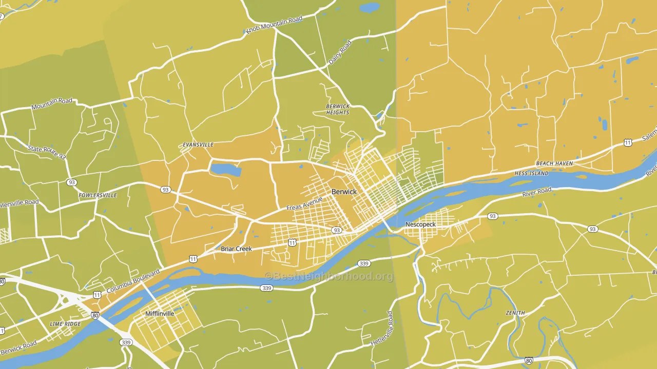 Map of the best neighborhoods in the Berwick area, with better matches in green and worse matches in red