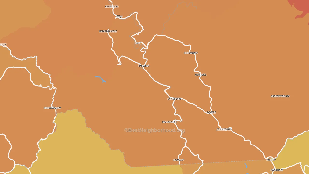 Map of the best neighborhoods in the Berwind area, with better matches in green and worse matches in red