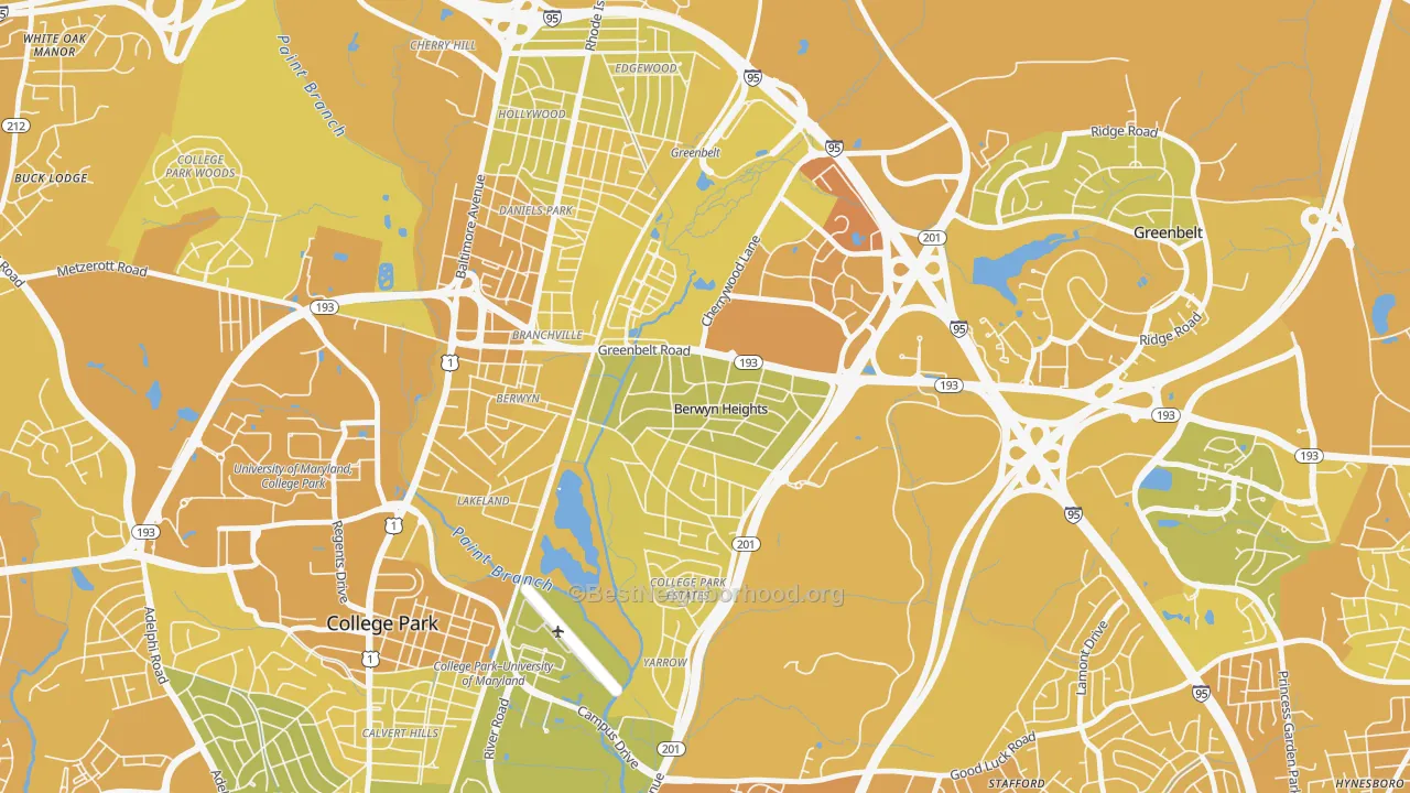 Map of the best neighborhoods in the Berwyn Heights area, with better matches in green and worse matches in red