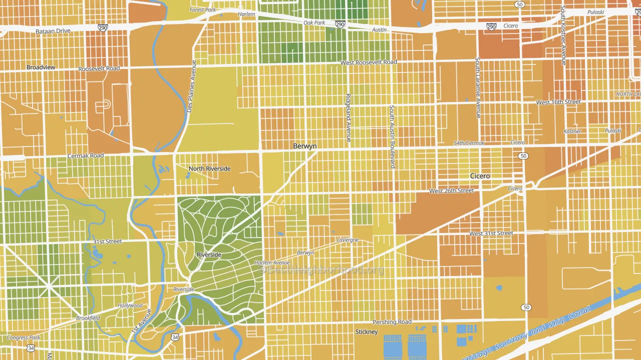 Map of the best neighborhoods in the Berwyn area, with better matches in green and worse matches in red