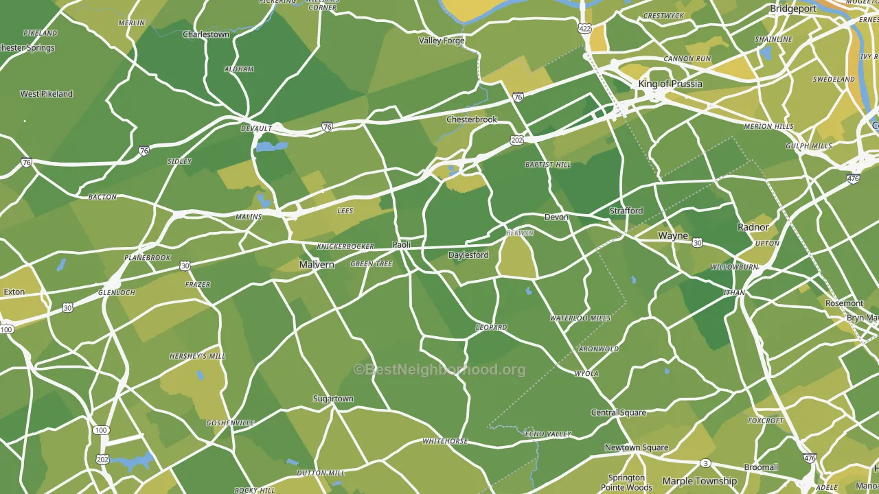 Map of the best neighborhoods in the Berwyn area, with better matches in green and worse matches in red