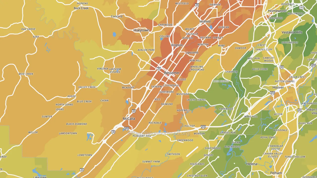 Map of the best neighborhoods in the Bessemer area, with better matches in green and worse matches in red