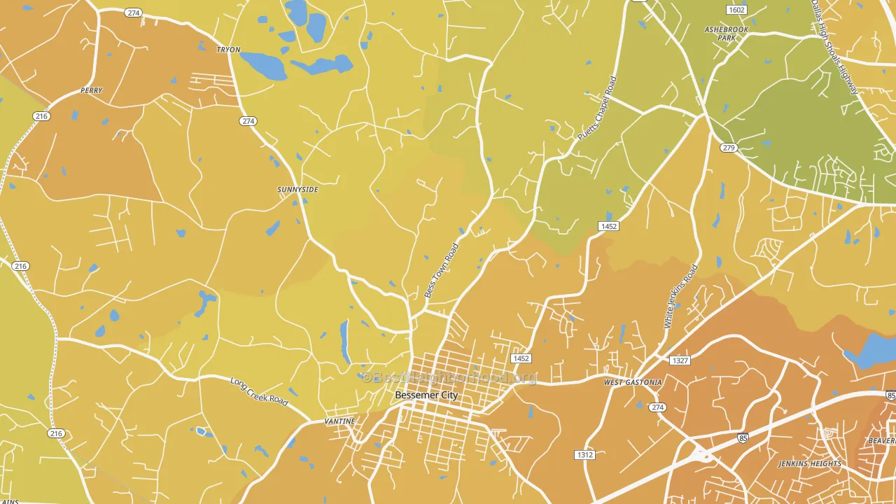 Map of the best neighborhoods in the Bessemer City area, with better matches in green and worse matches in red
