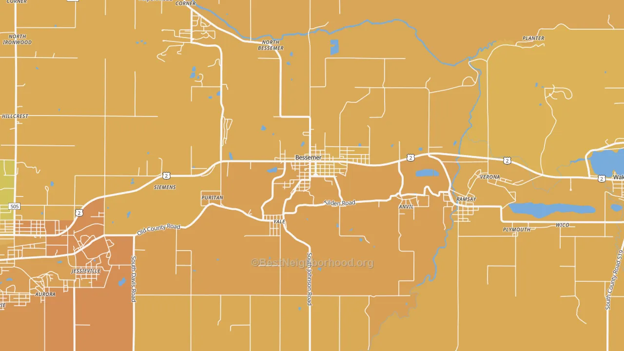 Map of the best neighborhoods in the Bessemer area, with better matches in green and worse matches in red