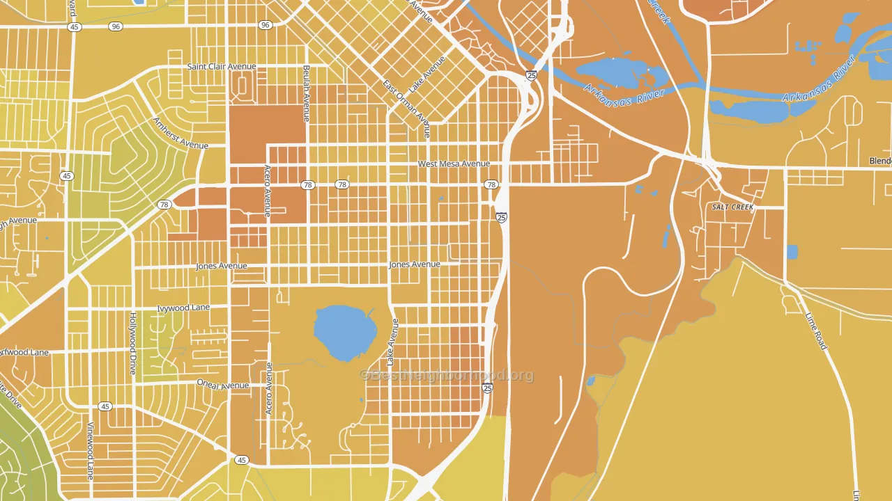 Map of the best neighborhoods in the Bessemer, Pueblo area, with better matches in green and worse matches in red