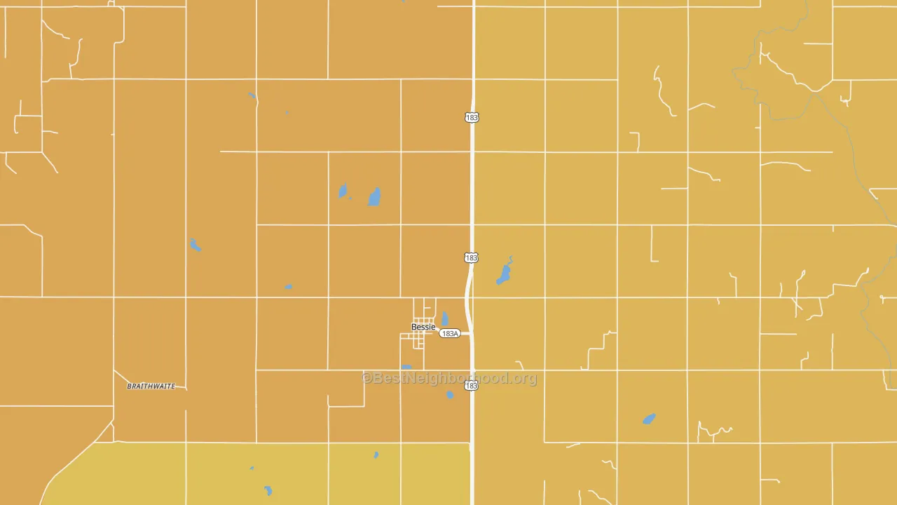 Map of the best neighborhoods in the Bessie area, with better matches in green and worse matches in red