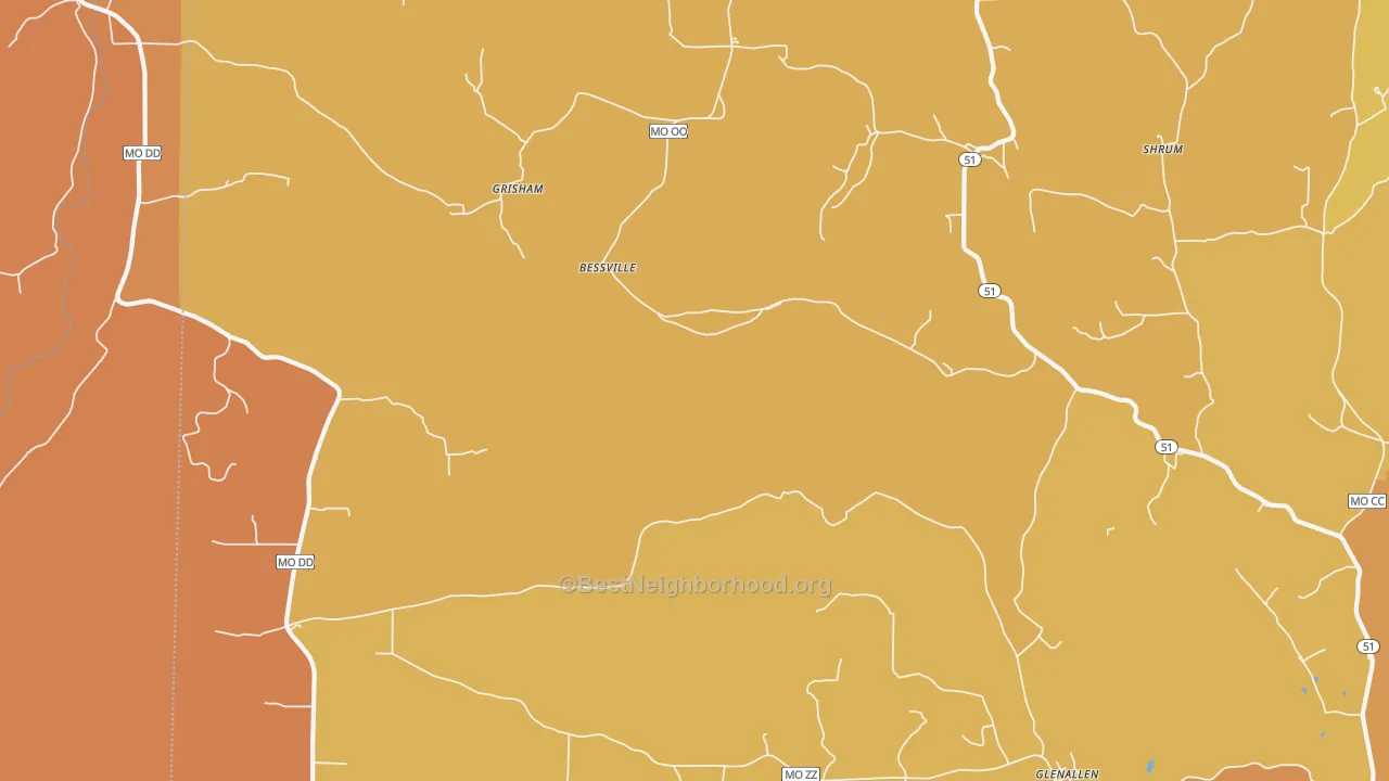 Map of the best neighborhoods in the Bessville area, with better matches in green and worse matches in red