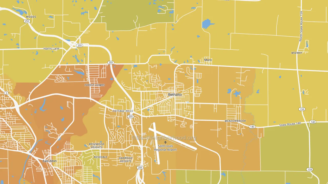 Map of the best neighborhoods in the Bethalto area, with better matches in green and worse matches in red