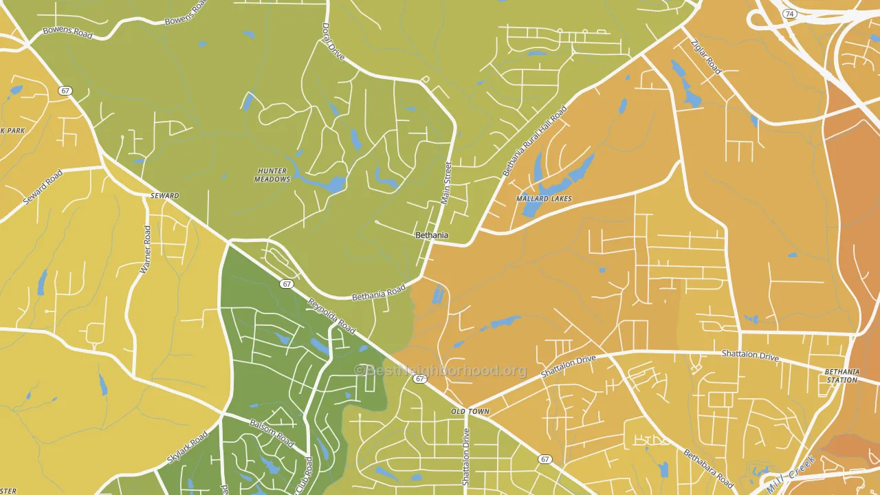 Map of the best neighborhoods in the Bethania area, with better matches in green and worse matches in red