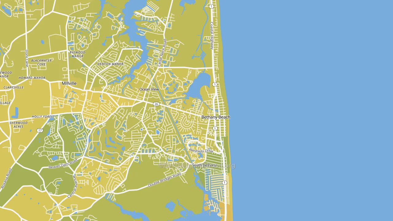Map of the best neighborhoods in the Bethany Beach area, with better matches in green and worse matches in red