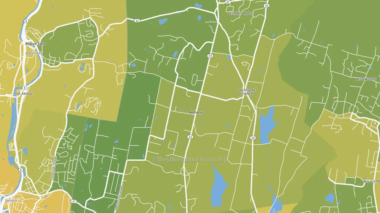 Map of the best neighborhoods in the Bethany area, with better matches in green and worse matches in red