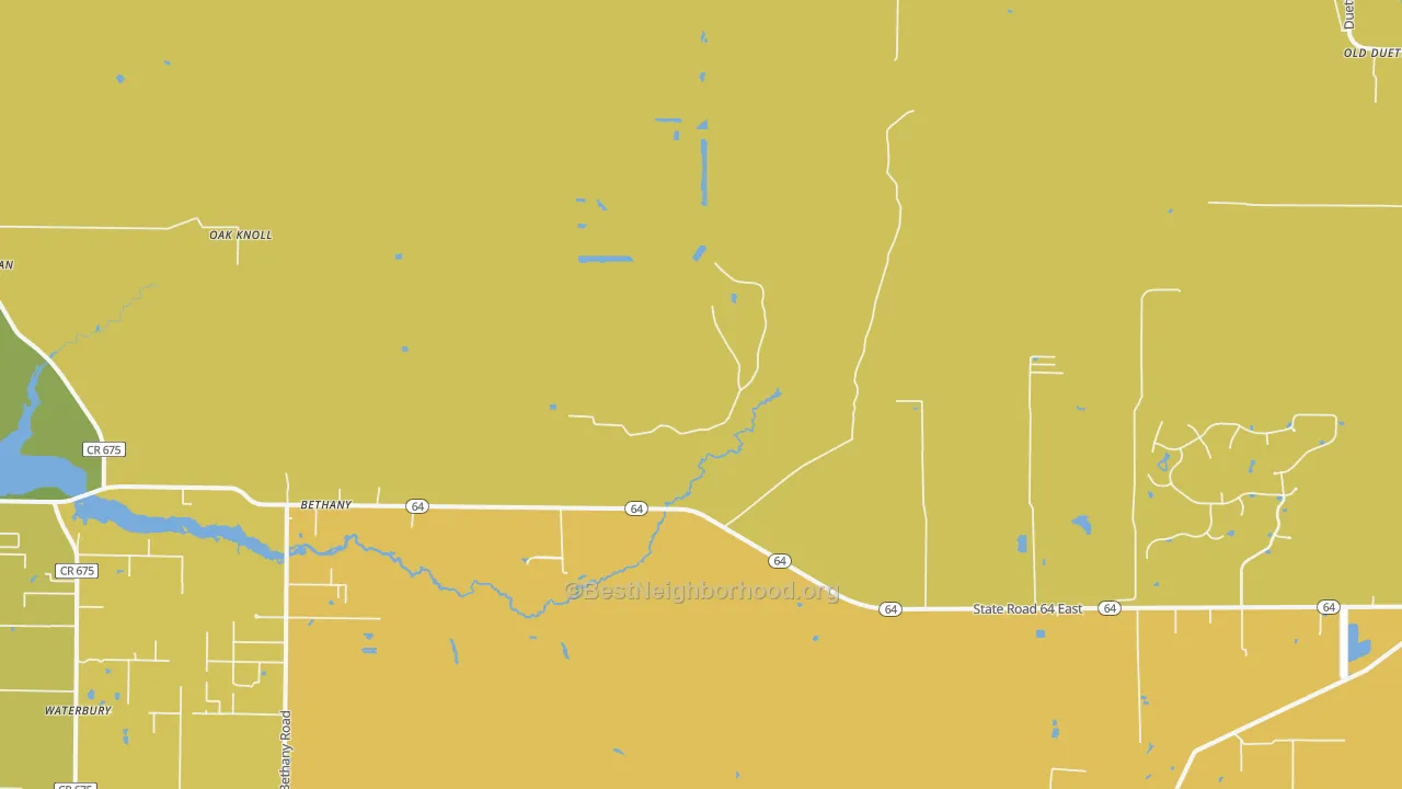 Map of the best neighborhoods in the Bethany area, with better matches in green and worse matches in red