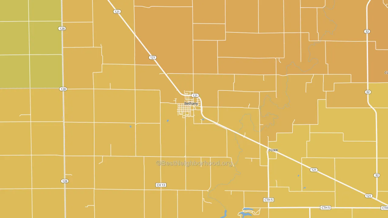 Map of the best neighborhoods in the Bethany area, with better matches in green and worse matches in red