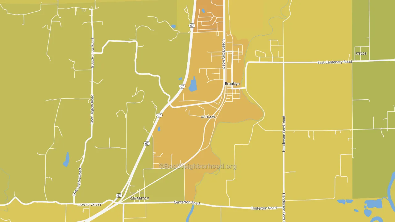 Map of the best neighborhoods in the Bethany area, with better matches in green and worse matches in red