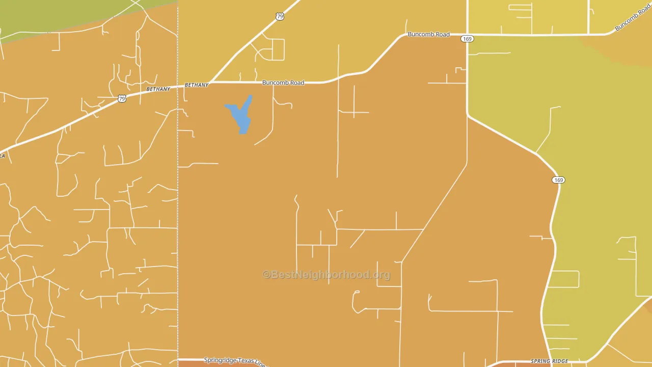 Map of the best neighborhoods in the Bethany area, with better matches in green and worse matches in red