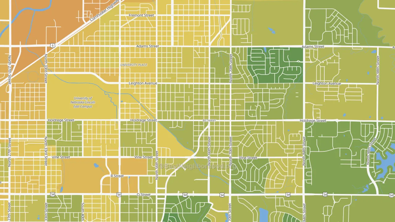 Map of the best neighborhoods in the Bethany, Lincoln area, with better matches in green and worse matches in red