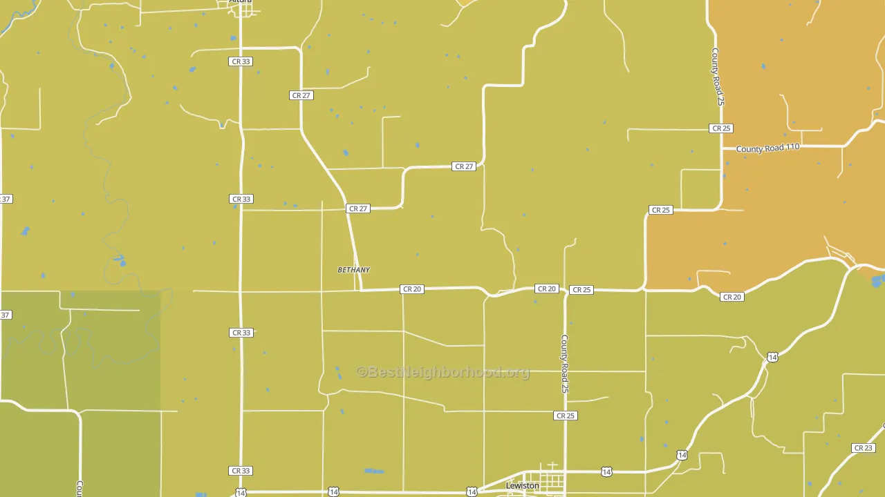Map of the best neighborhoods in the Bethany area, with better matches in green and worse matches in red