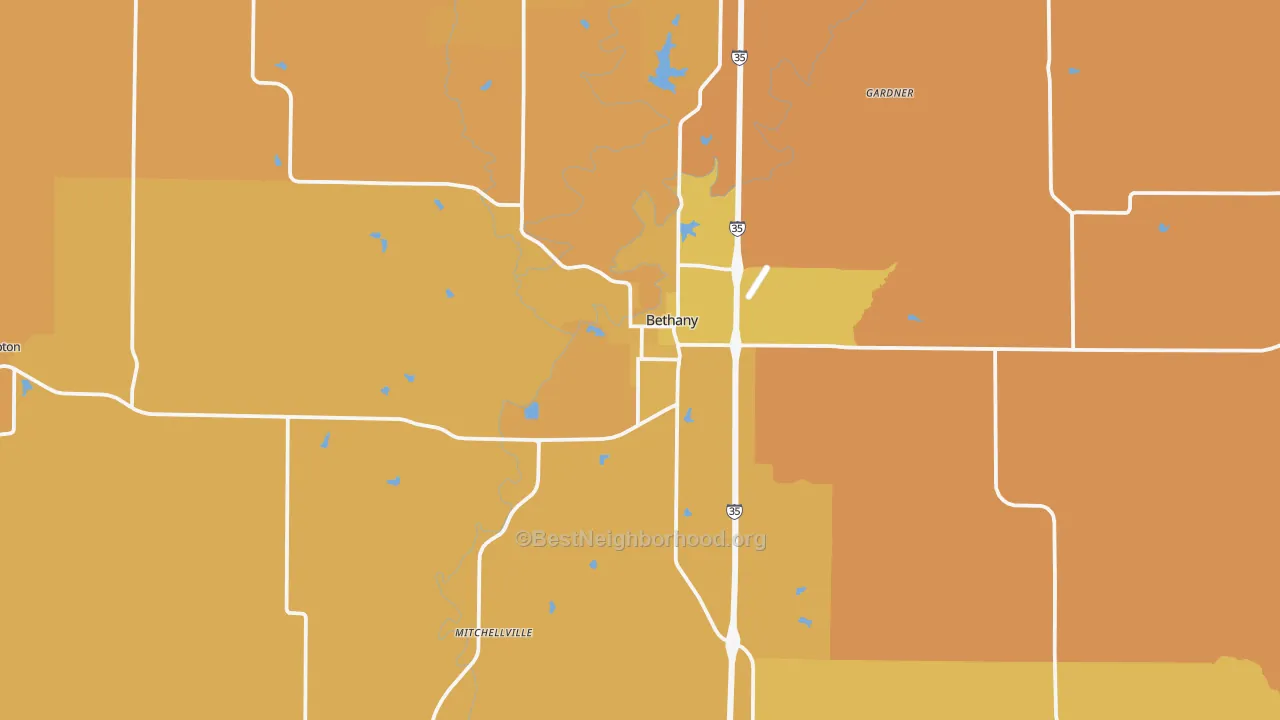 Map of the best neighborhoods in the Bethany area, with better matches in green and worse matches in red