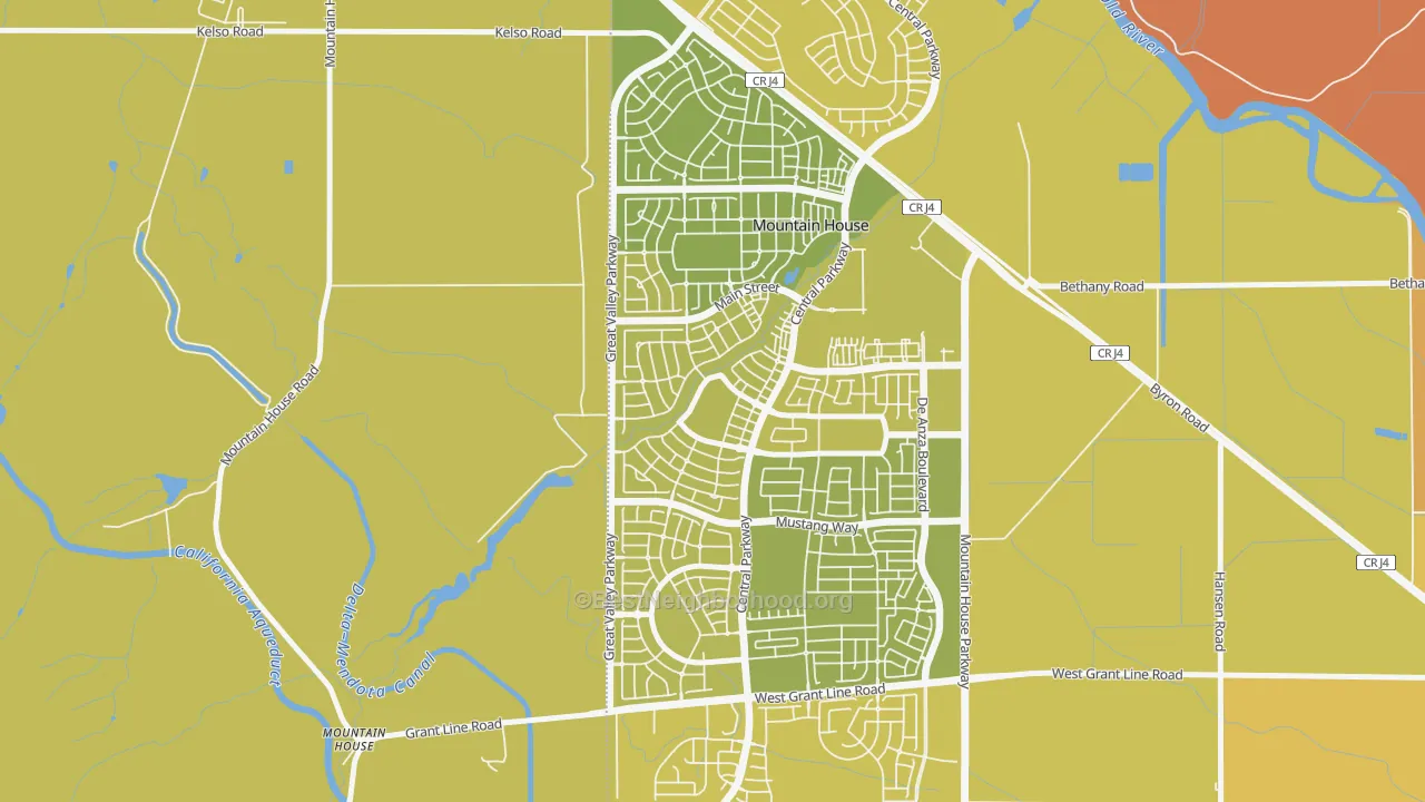 Map of the best neighborhoods in the Bethany, Mountain House area, with better matches in green and worse matches in red