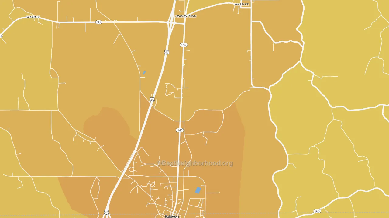 Map of the best neighborhoods in the Bethany area, with better matches in green and worse matches in red