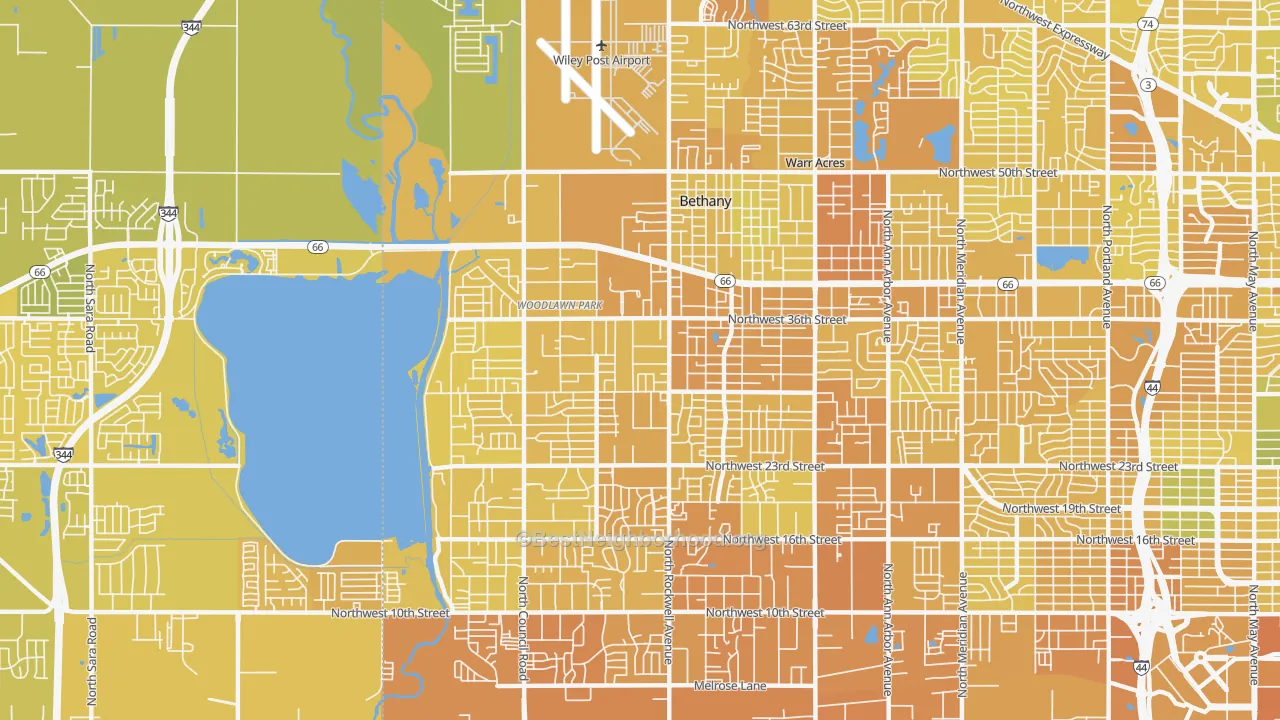 Map of the best neighborhoods in the Bethany area, with better matches in green and worse matches in red