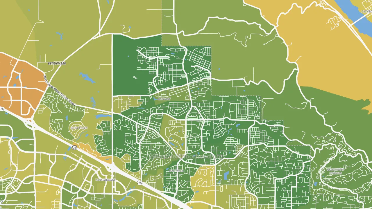 Map of the best neighborhoods in the Bethany area, with better matches in green and worse matches in red