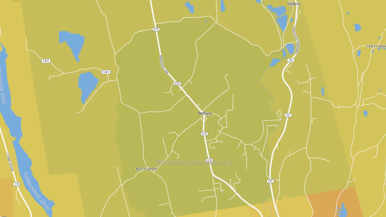 Map of the best neighborhoods in the Bethany area, with better matches in green and worse matches in red
