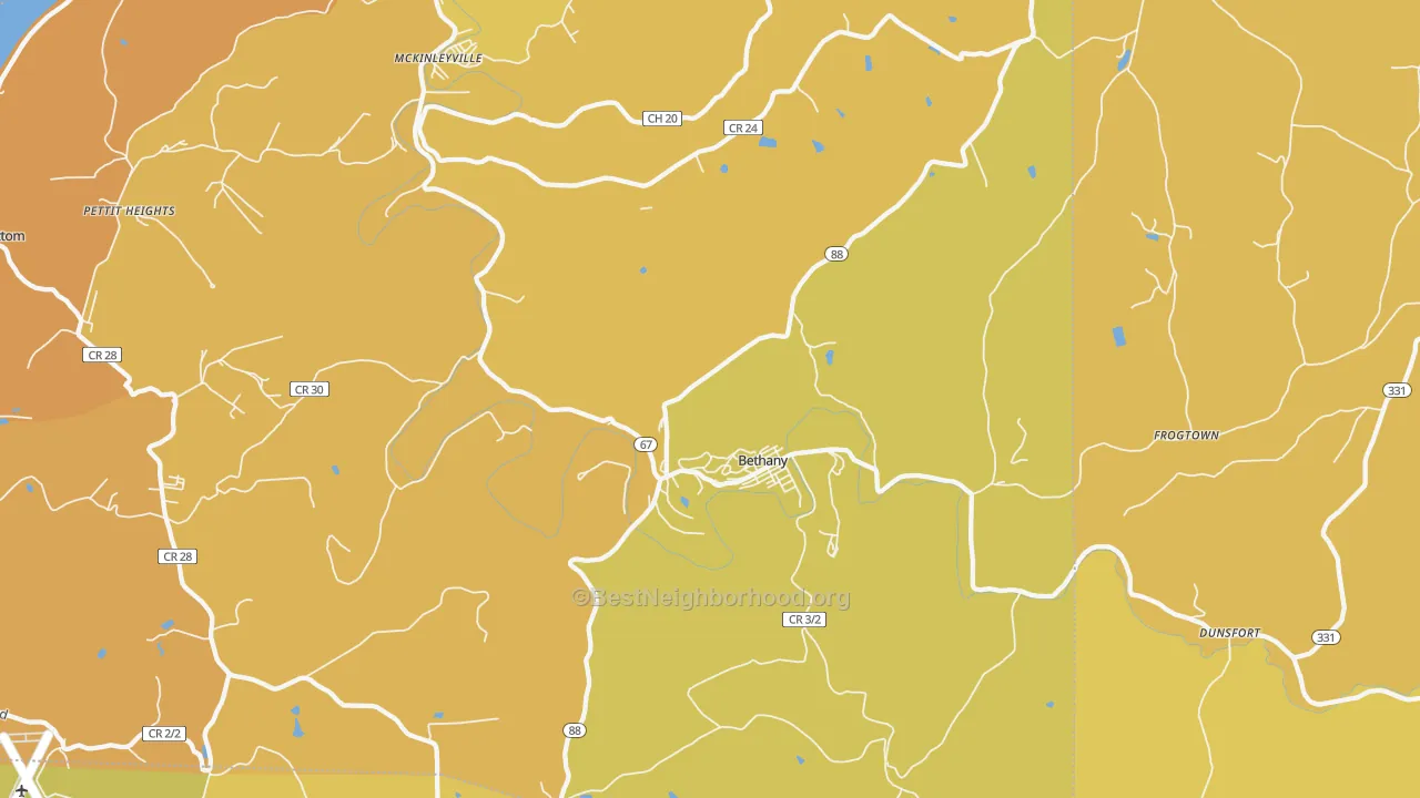 Map of the best neighborhoods in the Bethany area, with better matches in green and worse matches in red