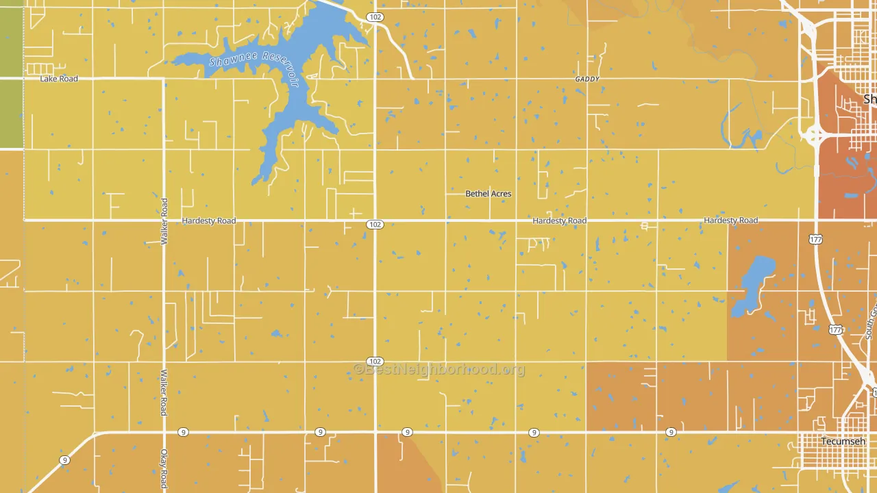 Map of the best neighborhoods in the Bethel Acres area, with better matches in green and worse matches in red