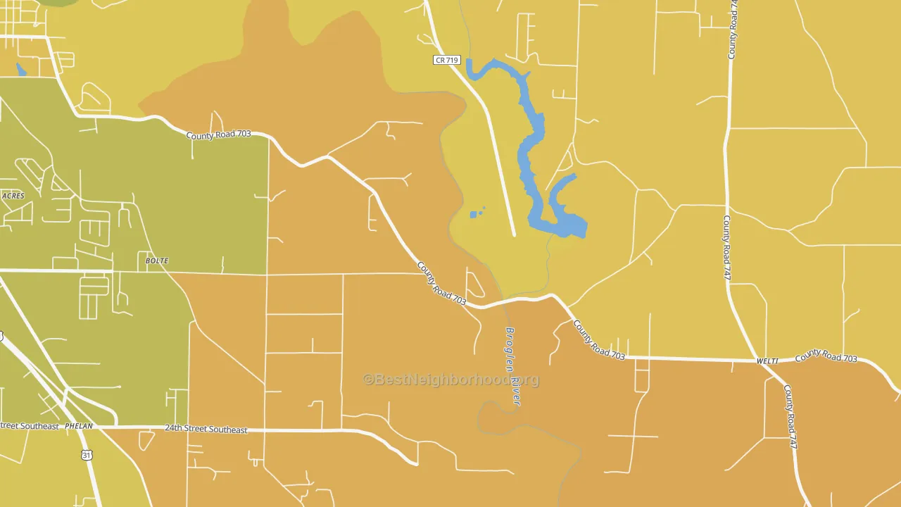 Map of the best neighborhoods in the Bethel area, with better matches in green and worse matches in red