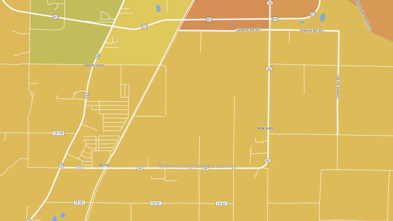 Map of the best neighborhoods in the Bethel area, with better matches in green and worse matches in red