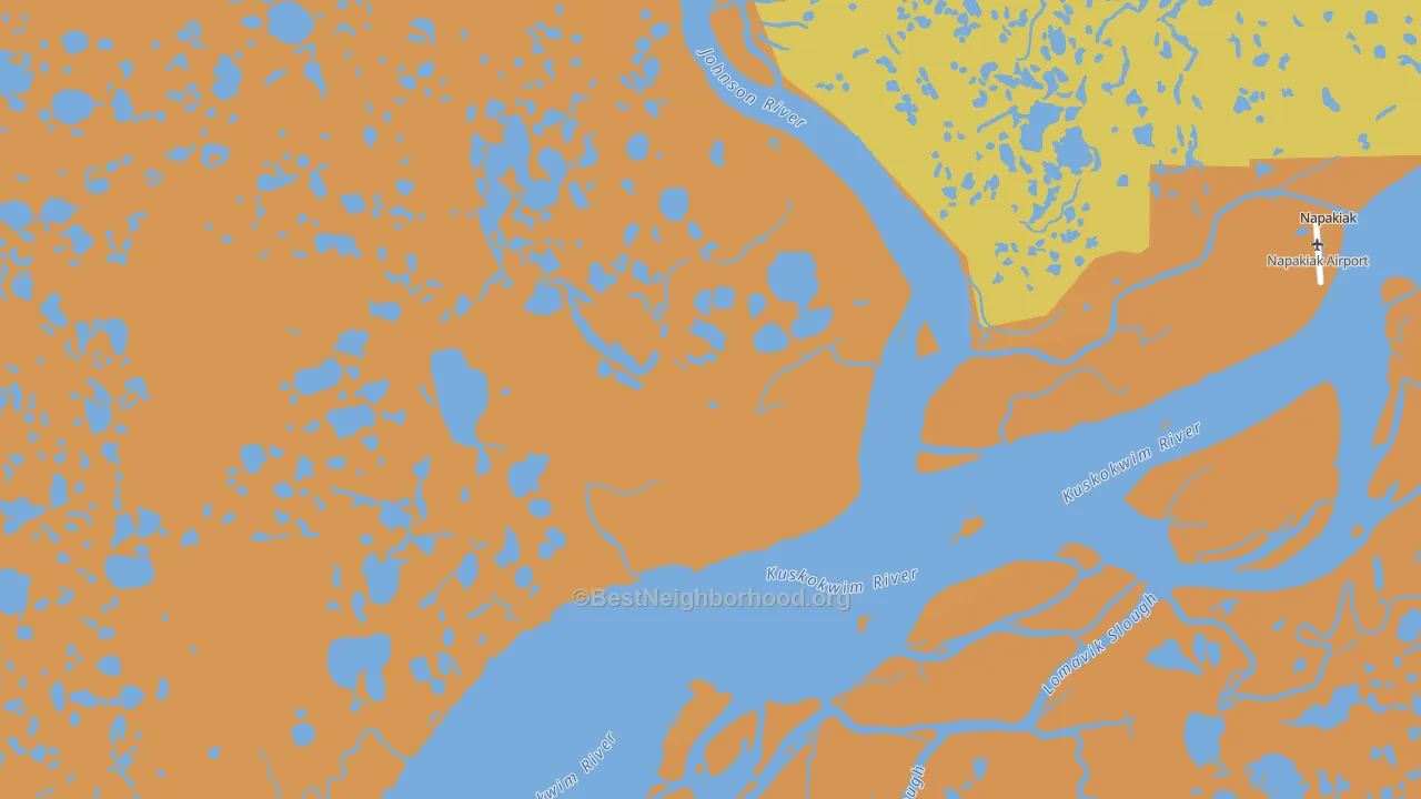 Map of the best neighborhoods in the Bethel Census Area area, with better matches in green and worse matches in red