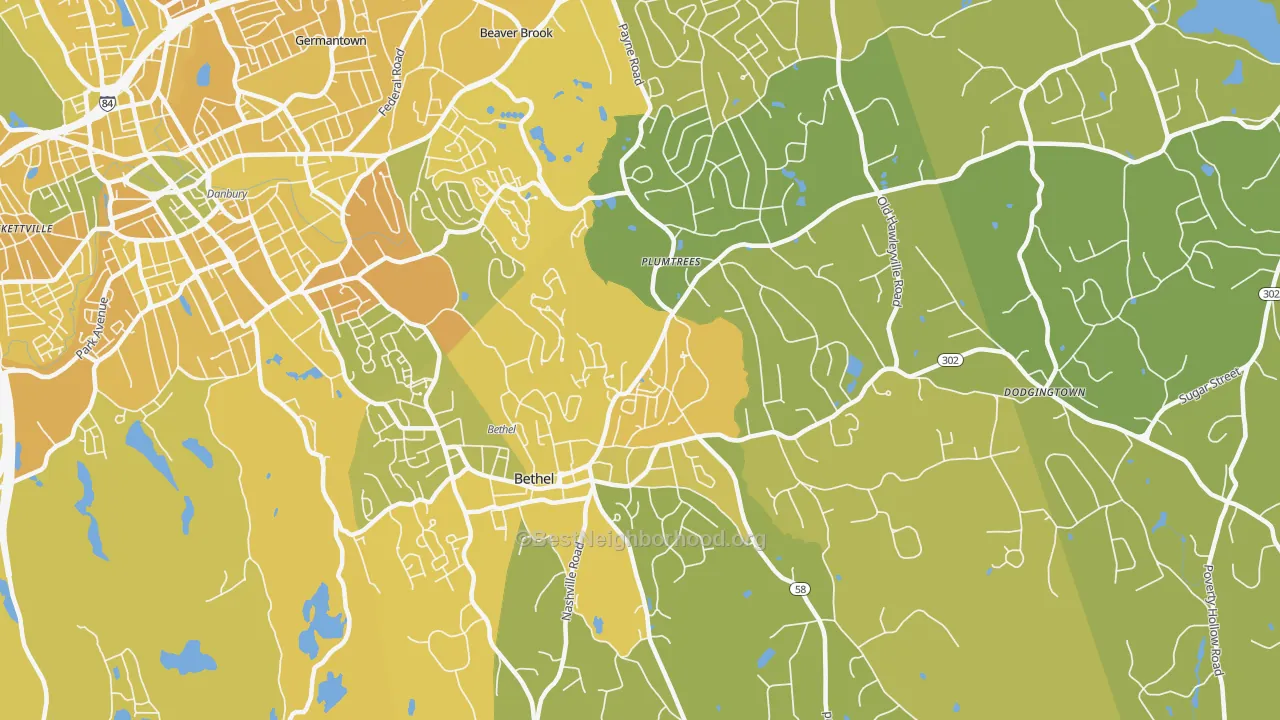 Map of the best neighborhoods in the Bethel area, with better matches in green and worse matches in red