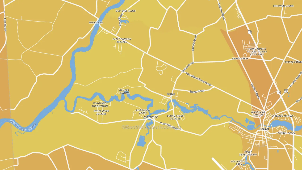 Map of the best neighborhoods in the Bethel area, with better matches in green and worse matches in red