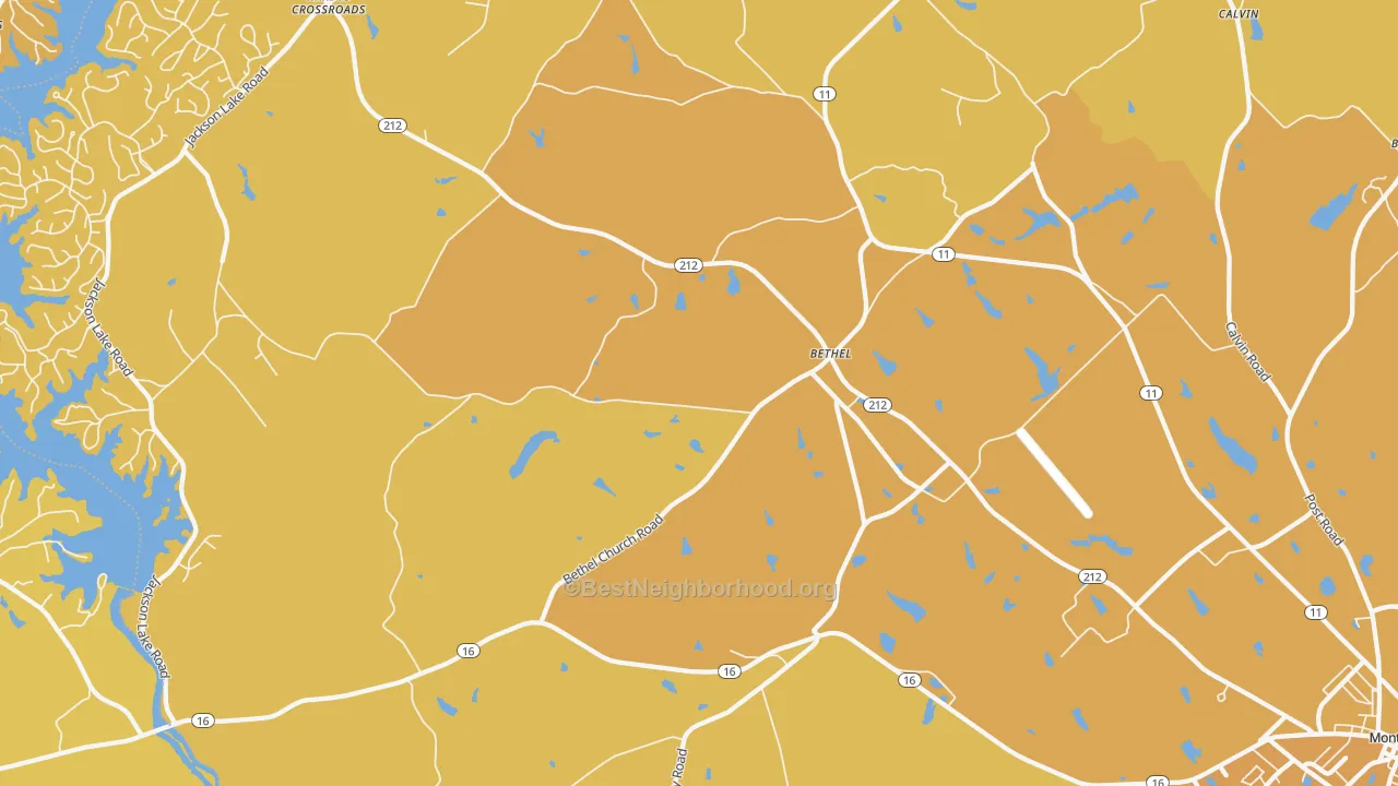 Map of the best neighborhoods in the Bethel area, with better matches in green and worse matches in red