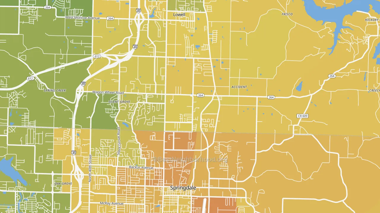 Map of the best neighborhoods in the Bethel Heights area, with better matches in green and worse matches in red