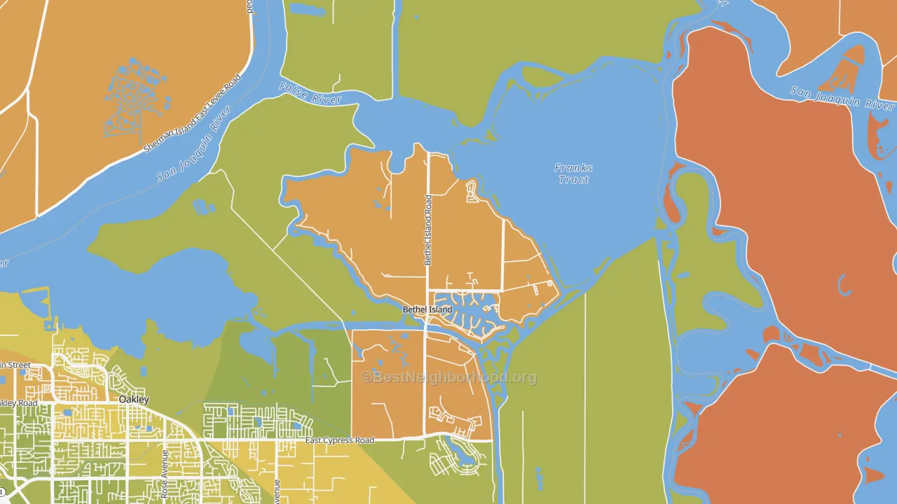 Map of the best neighborhoods in the Bethel Island area, with better matches in green and worse matches in red