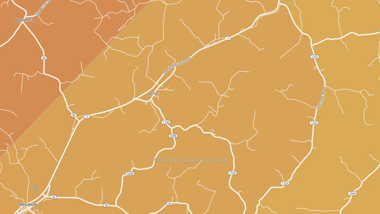 Map of the best neighborhoods in the Bethel area, with better matches in green and worse matches in red