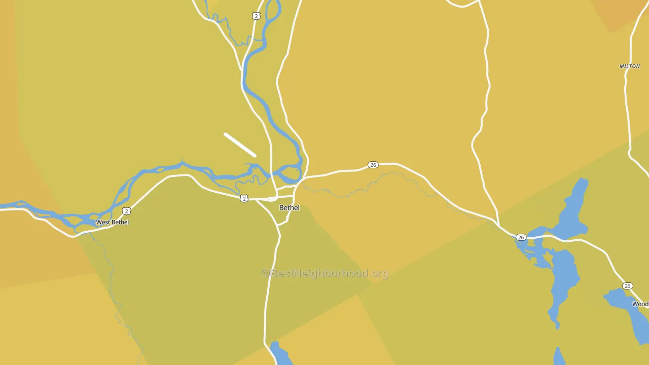 Map of the best neighborhoods in the Bethel area, with better matches in green and worse matches in red