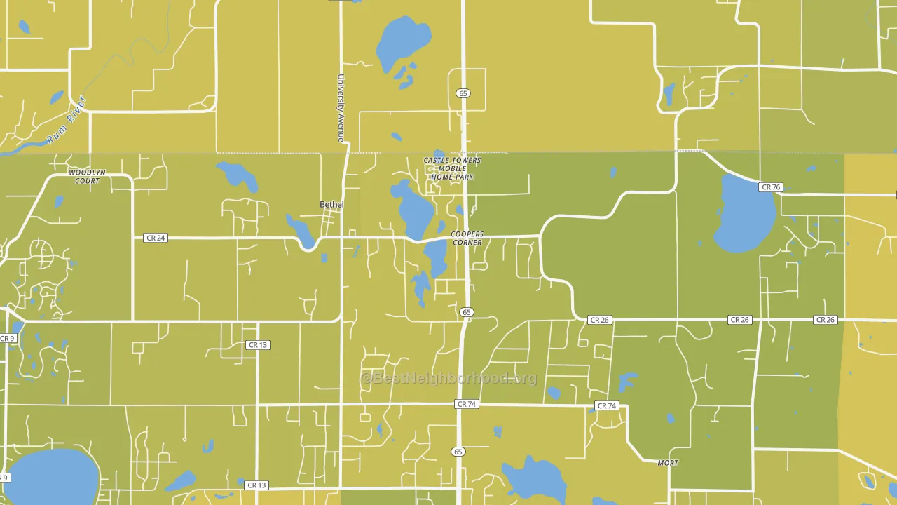 Map of the best neighborhoods in the Bethel area, with better matches in green and worse matches in red